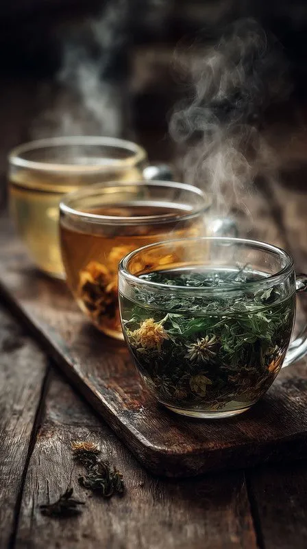 Steaming cup of amber herbal infusion on wooden surface
